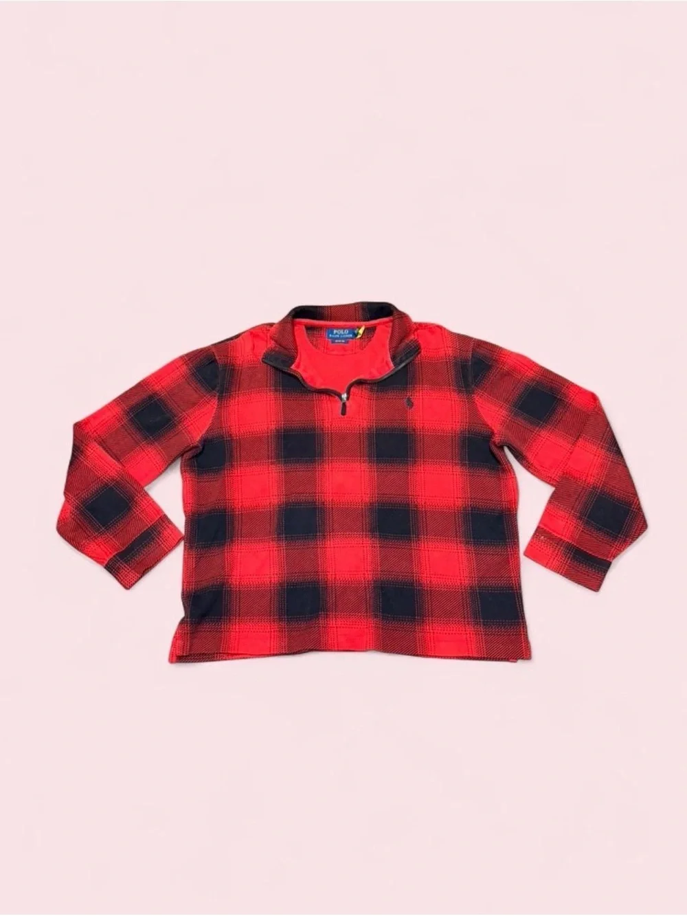 POLO Ralph Lauren Estate Rib Half Zip Sweater Plaid Buffalo Check Red Black M